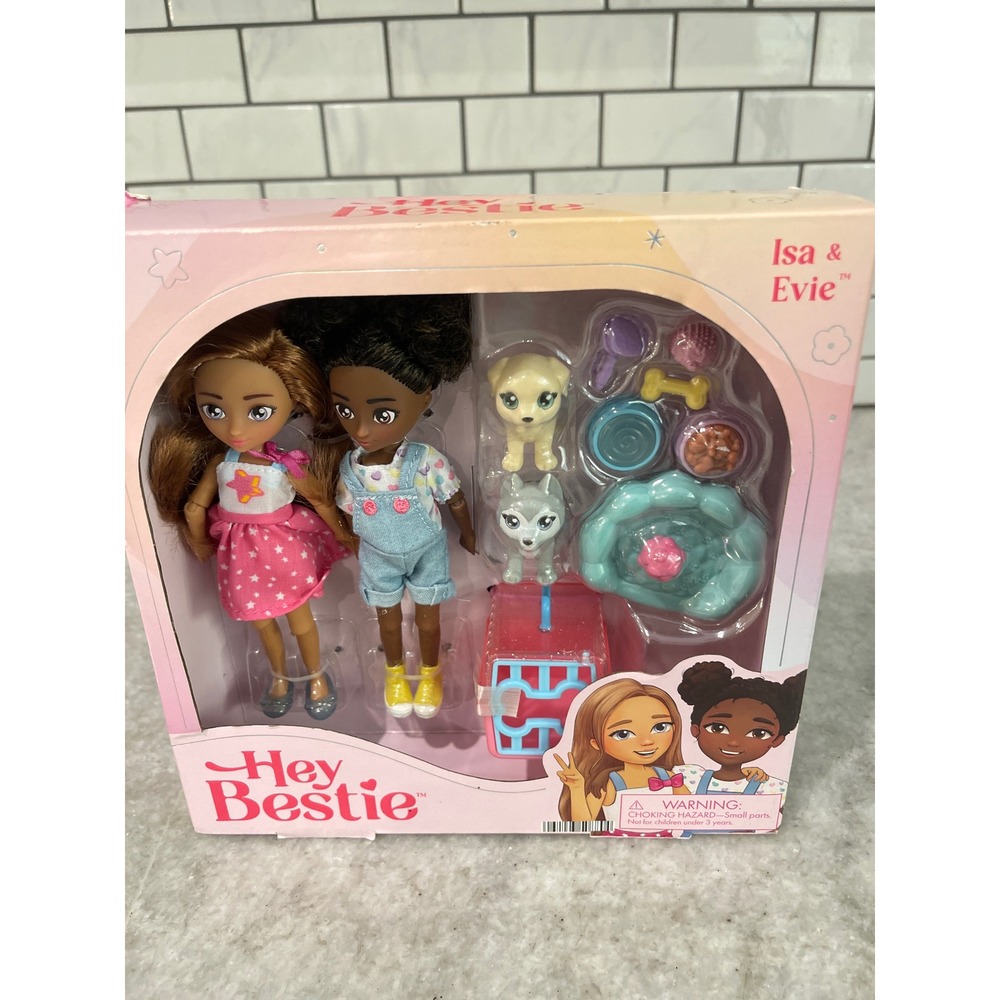 New Hey Bestie Doll Set Kids Pink Isa & Evie Posable Dolls with Pets Accessories - Picture 1 of 5